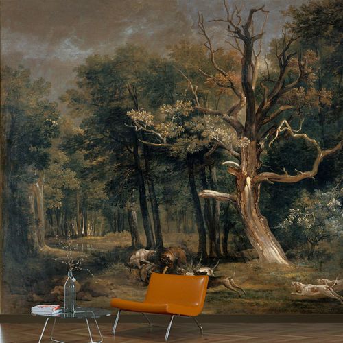 Klassische Tapete - CHASSE AU LOUP EN FORÊT - LGD01 décor mural sur mesure - Naturmotiv / Stoffoptik / Farbe anpassbar