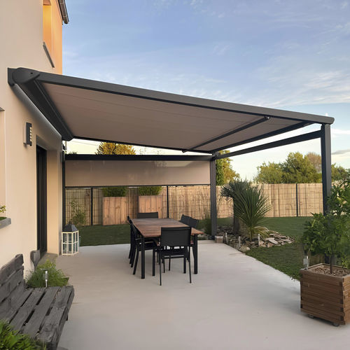 Angebaute Pergola - ALIZ&Eacute;O - SOLISO EUROPE - Aluminium / mit Stoffüberdachung / maßgefertigt
