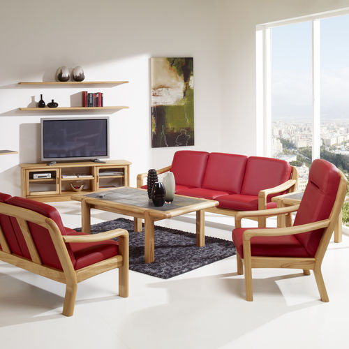 Sofa / skandinavisches Design - 1240 - dyrlund - Leder / rot / Holz