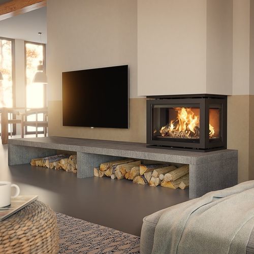 Kamineinsatz mit 3 Sichtseiten - Dik Geurts - Instyle Triple 660 Low - DRU - Holz / Stahl / modern