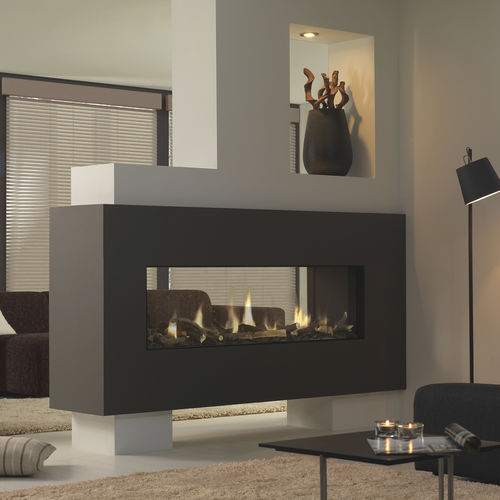 Geschlossene Feuerstelle / Gas - DRU - Metro 150XT Tunnel Eco Wave - DRU - doppelseitig / Kupfer / Glas