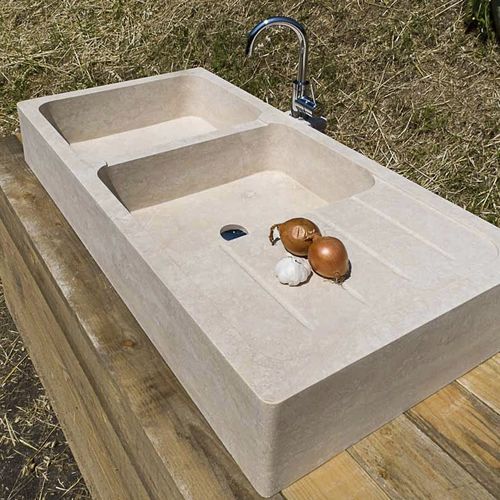 Doppelbeckenspüle - COUNTRY - PIETRE DI RAPOLANO PDR SRL - mit Abtropffläche / Stein / halbversenkt