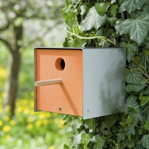 Holz-Vogelhäuschen - twitter.orange - keilbach design and products - Edelstahl / hängend / wandmontiert