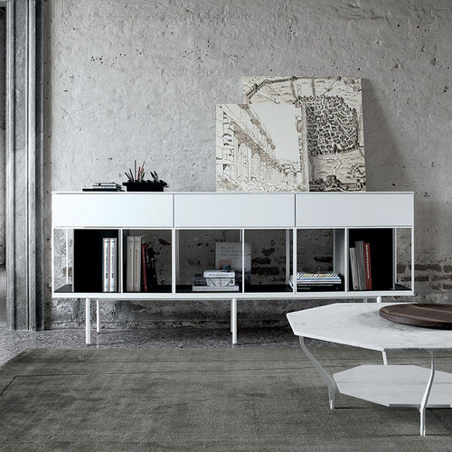 Modernes Sideboard - ATELIER  - extendo - Eiche / lackiertes Glas / pulverbeschichteter Stahl