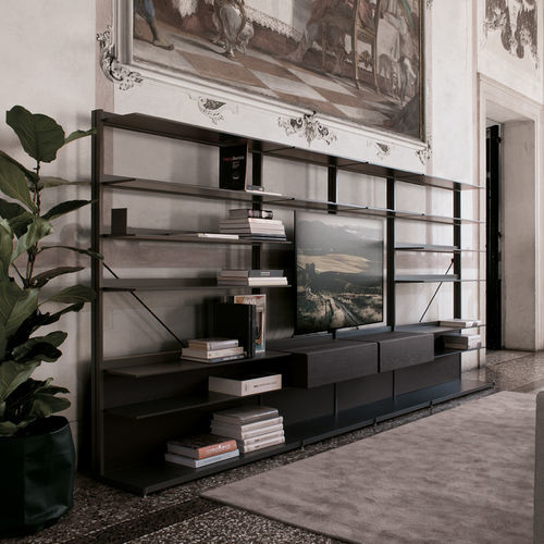 Moderne Wohnwand - EWS - extendo - Nussbaum / MDF / Glas