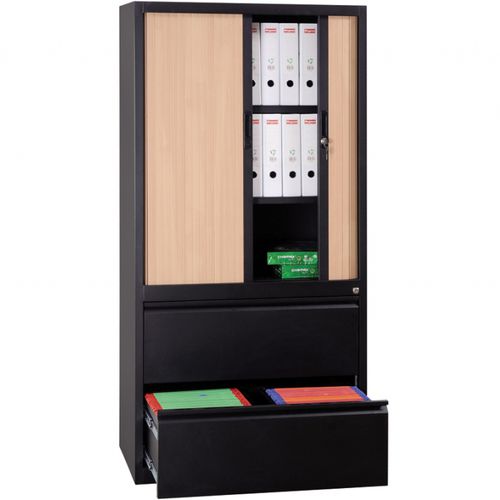 Hoher Aktenschrank - GURKAN - Metall / mit Schubladen / mit Rollladen