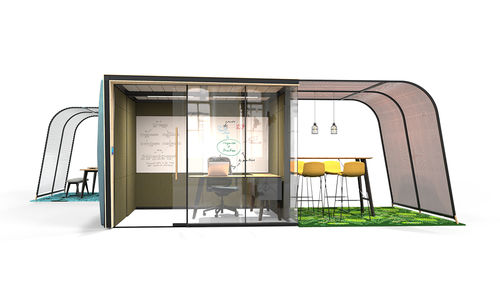 POD-Büro / mit integrierter LED-Beleuchtung - CAMPERS&DENS - Orange Box - mit integrierter Steckdose / Glas / Stoff