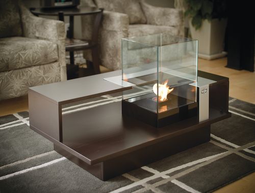 Moderner Couchtisch - LEVEL COMPACT - Develpro Inc. - Hartglas / mit Bioethanol-Brennkammer / mit Feuerstelle