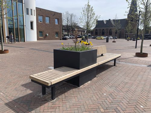 Holz-Pflanzkübel - PUTTEN - ANAE street furniture - pulverbeschichteter Stahl / rechteckig / mit integrierter Bank