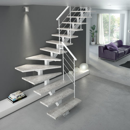 Gerade Treppe - Simply TL - CAST DESIGN - viertelgewendelt / Holzstufen / mit Metallstruktur