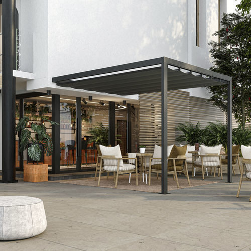 Angebaute Pergola - SAKI - KE Outdoor Design - selbsttragend / Aluminium / mit Stoffüberdachung