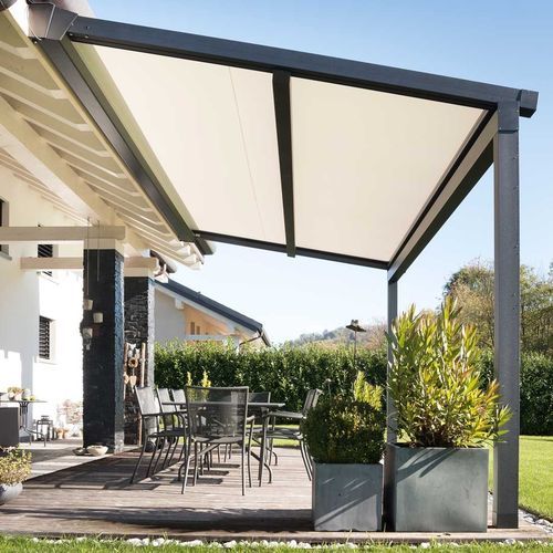 Angebaute Pergola - XTESA PLAIN - KE Outdoor Design - Aluminium / Glas / mit Stoffüberdachung