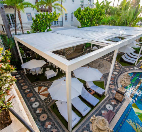Angebaute Pergola - ISOLA 2 - KE Outdoor Design - selbsttragend / Aluminium / mit Stoffüberdachung