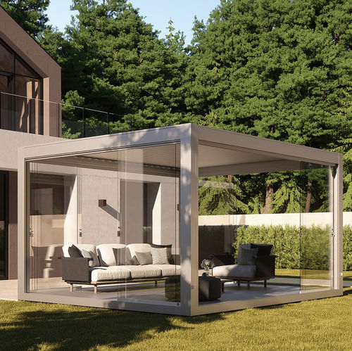 Angebaute Pergola - OPERA - Pratic S.p.A - selbsttragend / Aluminium / mit orientierbaren Lamellen