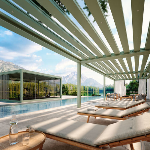 Angebaute Pergola - CARRERA P - Pratic S.p.A - selbsttragend / Aluminium / mit orientierbaren Lamellen
