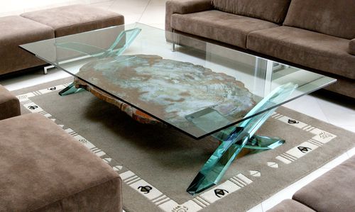 Moderner Couchtisch - FOSSILE  - MIROITERIE PETITJEAN - Eiche / Massivholz / Hartglas