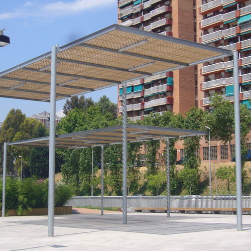 Pergola mit Oberflächenmontage - PERGOLA HABANA - URBADIS Microarquitectura - Stahl / galvanisiertem Stahl / Holzdach