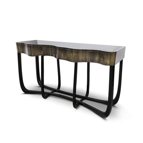 Moderner Konsolentisch - SINUOUS PATINA  - BOCA DO LOBO - Mahagoni / poliertes Messing / Gestell aus lackiertem Holz