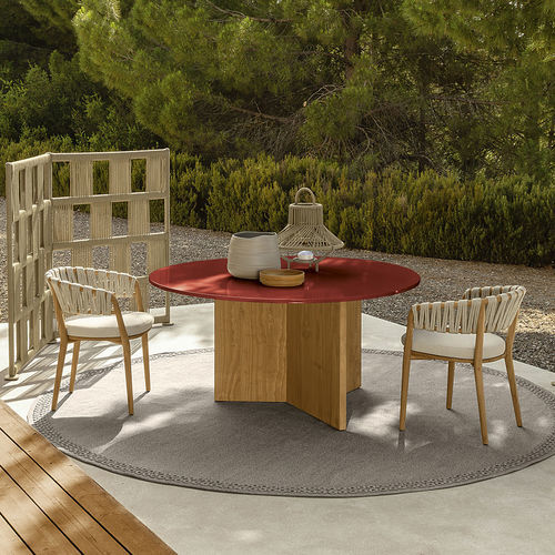 Moderner Esstisch - VENICE D150 - TALENTI - Lavastein / Gestell aus Teakholz / rund