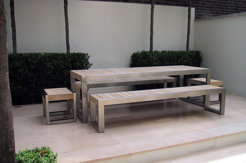 Moderner Esstisch - SKOP - Factory Street Furniture - Holz / Edelstahl / rechteckig