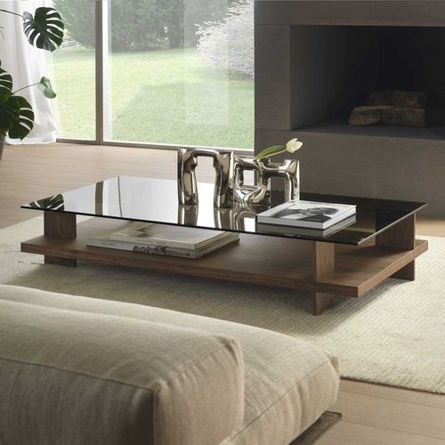 Moderner Couchtisch - JUPITER - Italy Dream Design - Rauchglas / Gestell aus amerikanischem Nussbaum / rechteckig