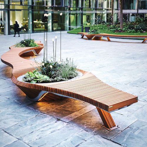 Bank für den öffentlichen Raum / Edelstahl - BOTANIC TWIST - TF URBAN - Akazie / ohne Rückenlehne / ohne Armlehnen