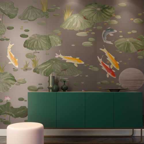 Moderne Tapete - CARP AND MOON - Fromental - Seide / chinesisches Motiv / handgefertigt