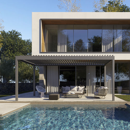 Selbsttragende Pergola - ROTA - ALBAYRAK  - angebaut / Aluminium / mit orientierbaren Lamellen