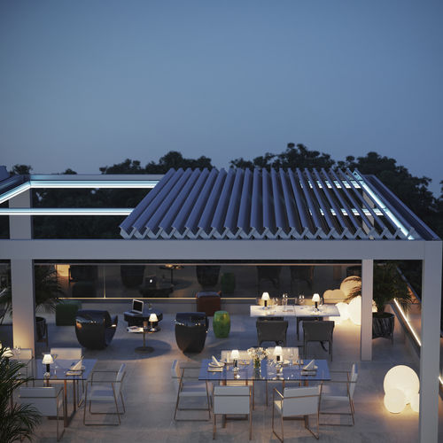 Selbsttragende Pergola - EXXEN - ALBAYRAK  - Aluminium / mit orientierbaren Lamellen / Faltdach