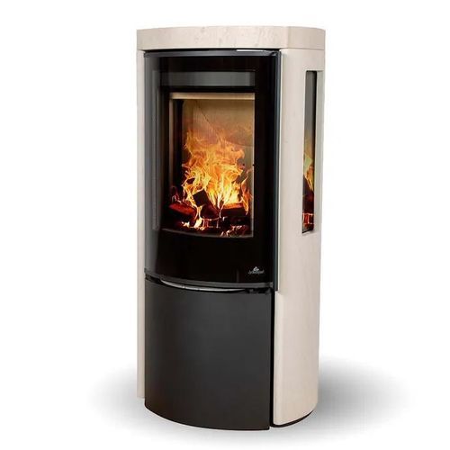 Holz-Kaminofen - COZY MODERN MOCA CREAM SANDSTONE SIDEGLASS - Jydepejsen A/S - freistehend / mit 3 Sichtseiten / modern