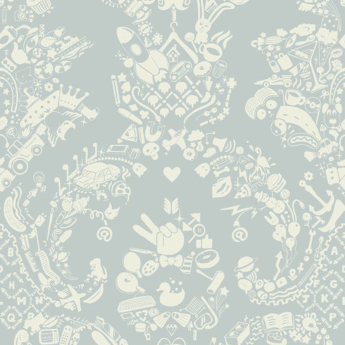 Moderne Tapete - NEW WORLD DAMASK  - GREY BLUE &amp; WHITE - Mineheart - Vlies / Damast-Motiv / Stoffoptik