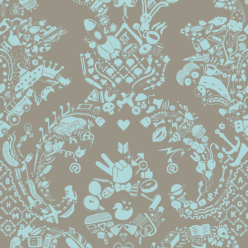 Design-Tapete - NEW WORLD DAMASK - GREY &amp; BLUE - Mineheart - Vlies / Motiv / Stoffoptik