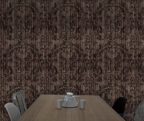 Moderne Tapete - DAMASK - Mineheart - Damast-Motiv / Holzoptik / bedruckt