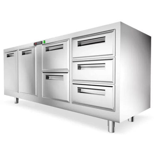 Kühltisch für gewerbliche Einrichtungen / für Konditoreien - Moduli T.N. - Moving Glass & Metal Design - für Bar / mit 2 Türen / 5 Schubladen