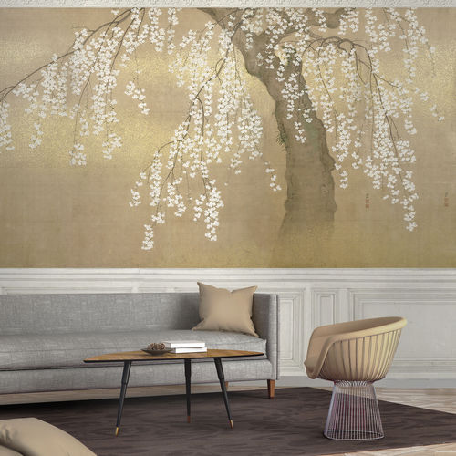 Moderne Tapete - JAPANESE CHERRY - Papiers de Paris - Naturmotiv / Tapetenoptik / silberfarben