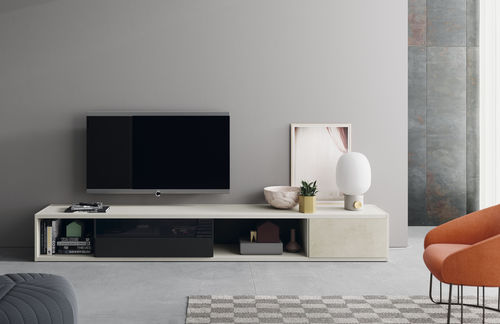 Moderne Wohnwand - EST112 - VIVE - MUEBLES VERGE S.L. - lackiertes Holz / Glas / Keramik