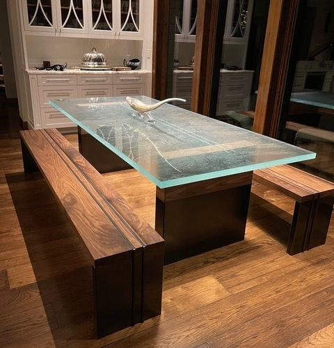 Moderner Tisch - ThinkGlass - Glas / Gestell aus Holz / rechteckig