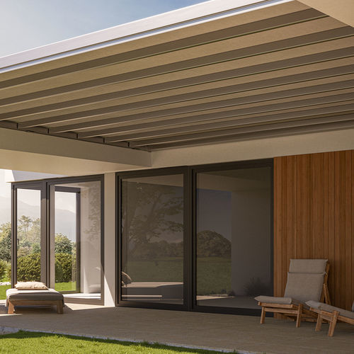 Angebaute Pergola - SINTESI FREE - HELLA - Stoff / mit Stoffüberdachung / motorisiert