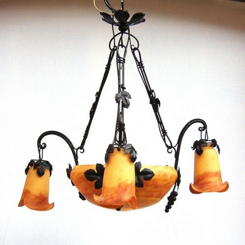 Kronleuchter / Art Nouveau - VIGNE COUPE 38 - TIEF - geblasenes Glas / Schmiedeeisen / OLED