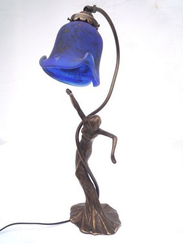 Tischlampe - ISADORA - TIEF - Messing / geblasenes Glas / Art Nouveau
