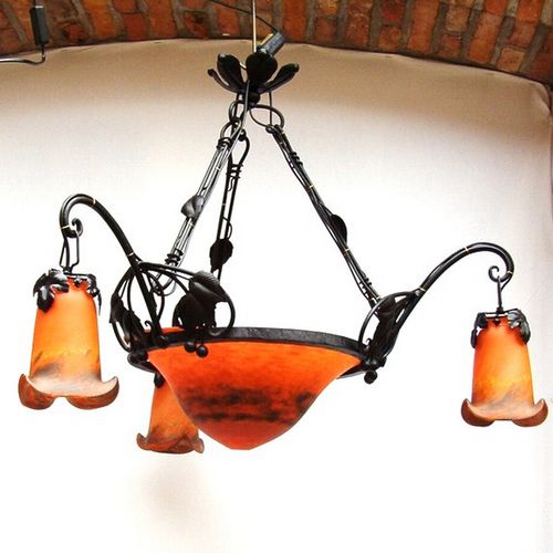Kronleuchter / Art Nouveau - VIGNE CERCLE - TIEF - geblasenes Glas / Schmiedeeisen / OLED