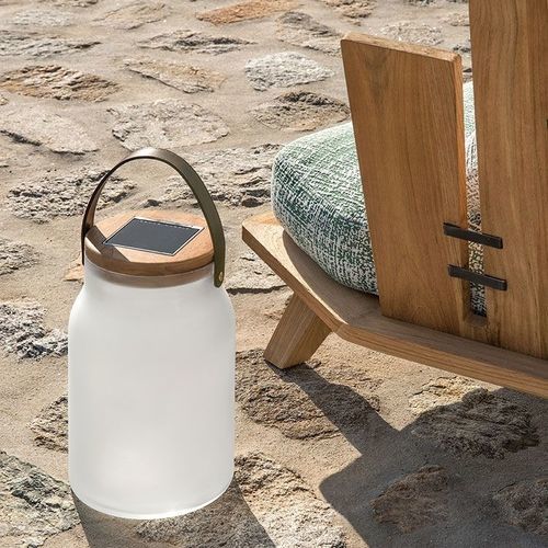 Tragbare Lampe - Milk - Ethimo - sandgestrahltes Glas / Teakholz / Leder