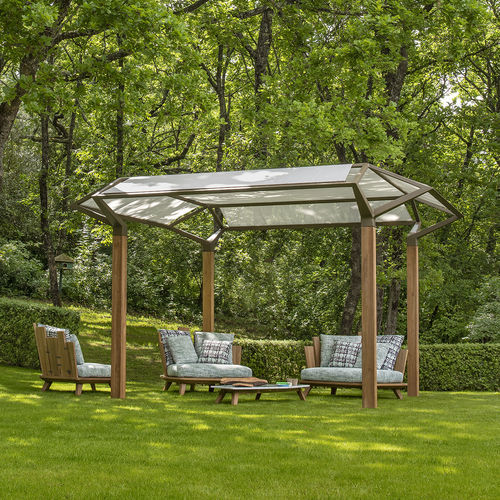 Selbsttragende Pergola - Cosmo - Ethimo - Teakholz / Aluminium / mit Stoffüberdachung