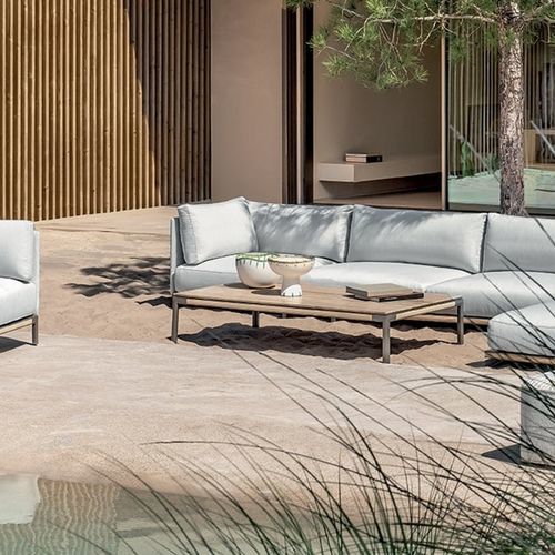 Moderner Couchtisch - Baia - Ethimo - Travertin / Gestell aus Aluminium / rechteckig