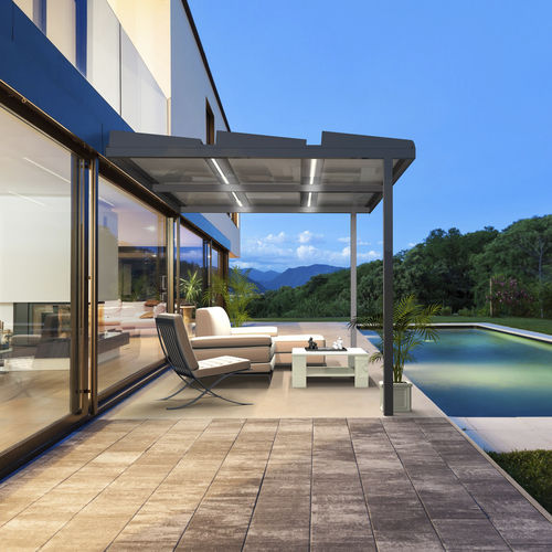 Selbsttragende Pergola - SHADOW SOLAR EVOLUTION - IRFTS - angebaut / Aluminium / Polycarbonat-Überdachungen