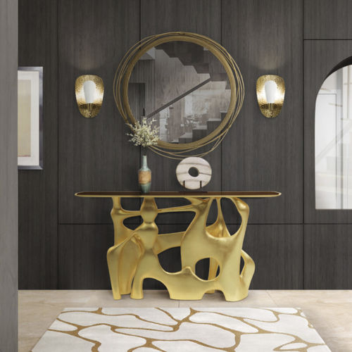 Moderner Konsolentisch - BASTEI - BRABBU DESIGN FORCES - Nussbaum / blattvergoldetes Holz / Gestell aus Holz