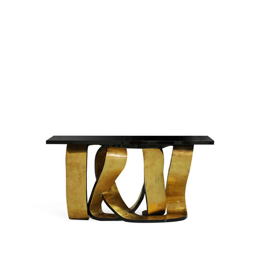 Konsolentisch / originelles Design - RIBBON BROKEN GOLD LEAF - KOKET Love Happens - hochglanzlackiertes Holz / mit blattvergoldetem Holzgestell / rechteckig