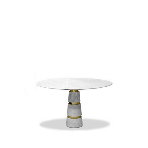 Moderner Esstisch - AVALANCHE CARRARA MARBLE - KOKET Love Happens - poliertes Messing / Marmor / Gestell aus Marmor