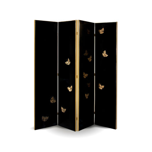 Moderner Paravent - EUPHORIA BLACK LACQUER METAL FRAME - KOKET Love Happens - lackiertes Holz / polierter Edelstahl / maßgefertigt