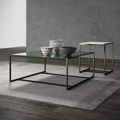 Moderner Couchtisch - Eulero - Presotto - lackiertes Glas / mattlackiertes Holz / Gestell aus Messing